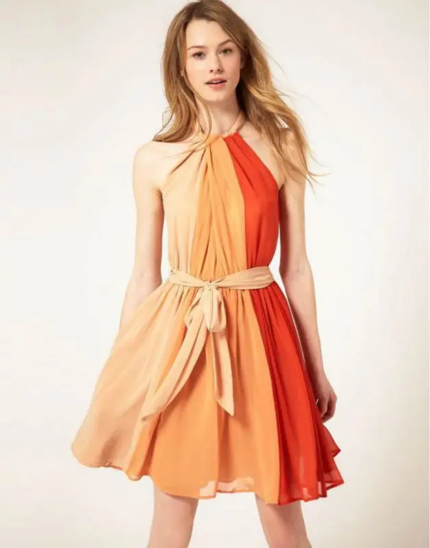 

Summer Europe Fashion Women's Chiffon Orange Dress Lady's Female O-neck Lace Up Causal Dresses