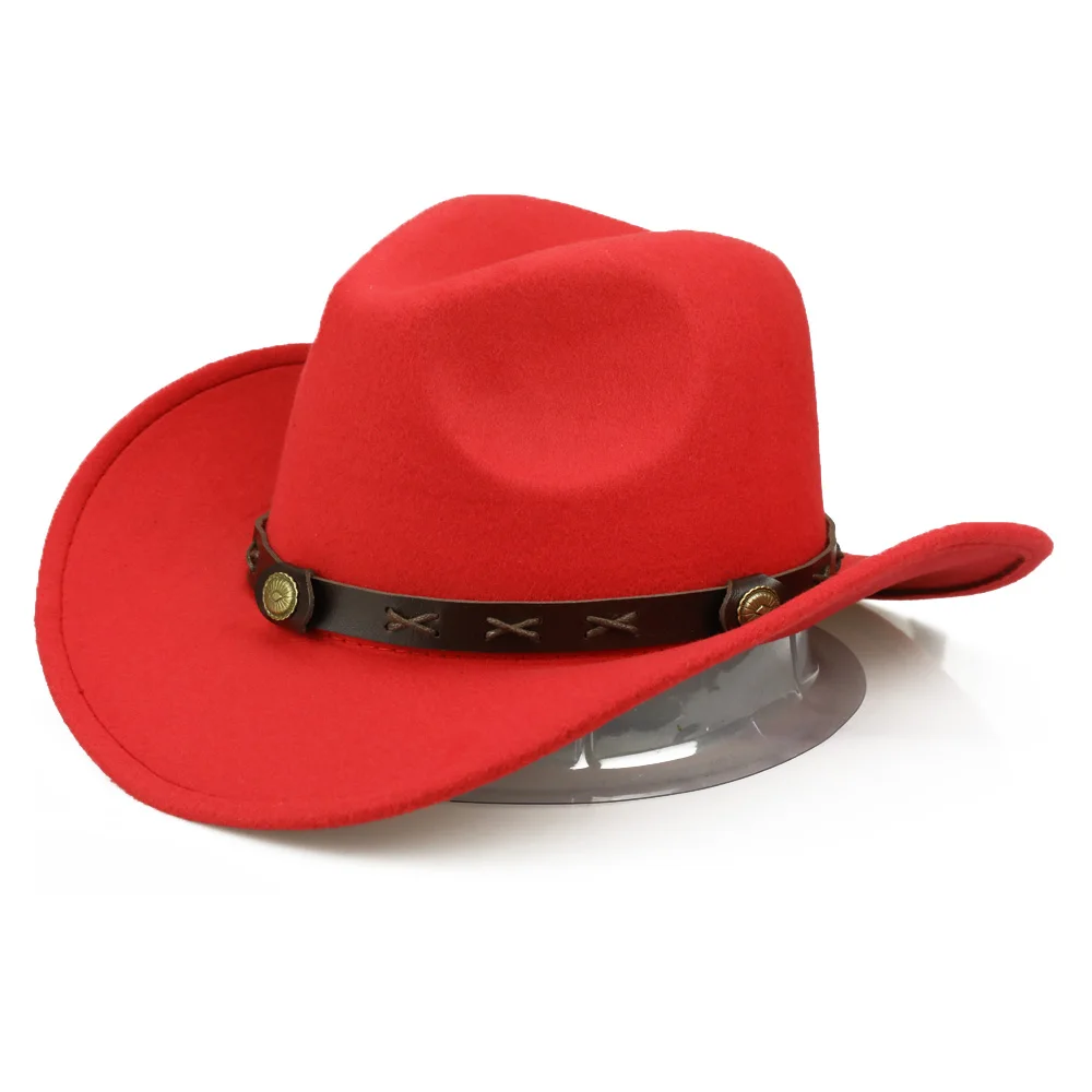 Red Jazz Cap YY из искусственной кожи ремень ковбойские шляпы для женщин зимние теплые ковбойские мужские обжимные поля Джаз Fedora ковбой Hoed Vrouwen FD19055 - Цвет: Red Jazz Cap