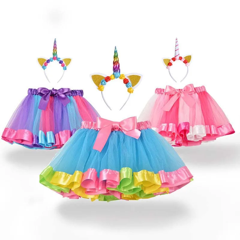 Детские летние модные юбки-пачки с радугой, повязка на волосы с единорогом, фатиновая юбка для маленьких девочек, От 0 до 7 лет, рождественские подарки-пачки