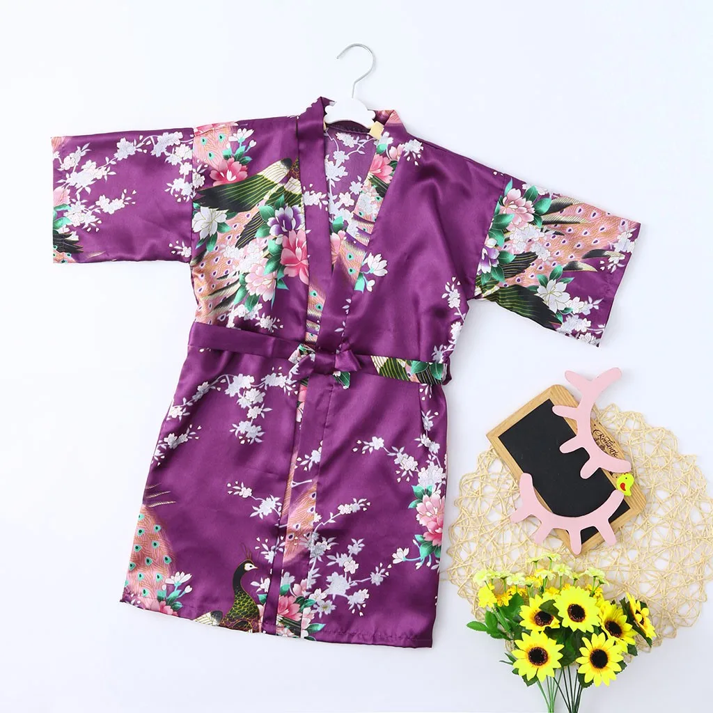 TELOTUNY Baby Kid Girls Sleeve Floral Print Silk Satin Kimono Robes Bathrobe Lace Up Thin Cardigan Nightgown Sleepwear Clothes