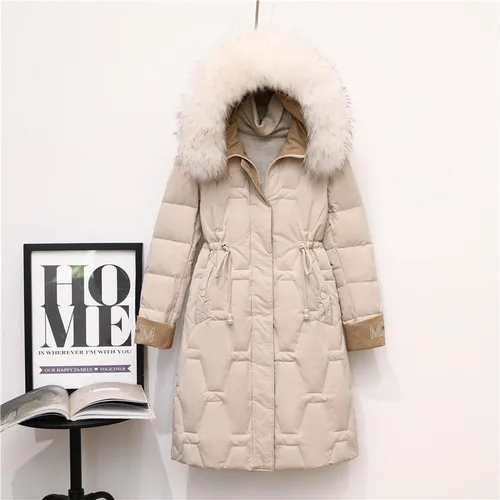 Apricot Faux Fur Tcyeek Зимний пуховик Женская одежда с капюшоном из натурального меха енота корейский теплый пуховик женская утепленная куртка Hiver W1723 - Цвет: Apricot Faux Fur