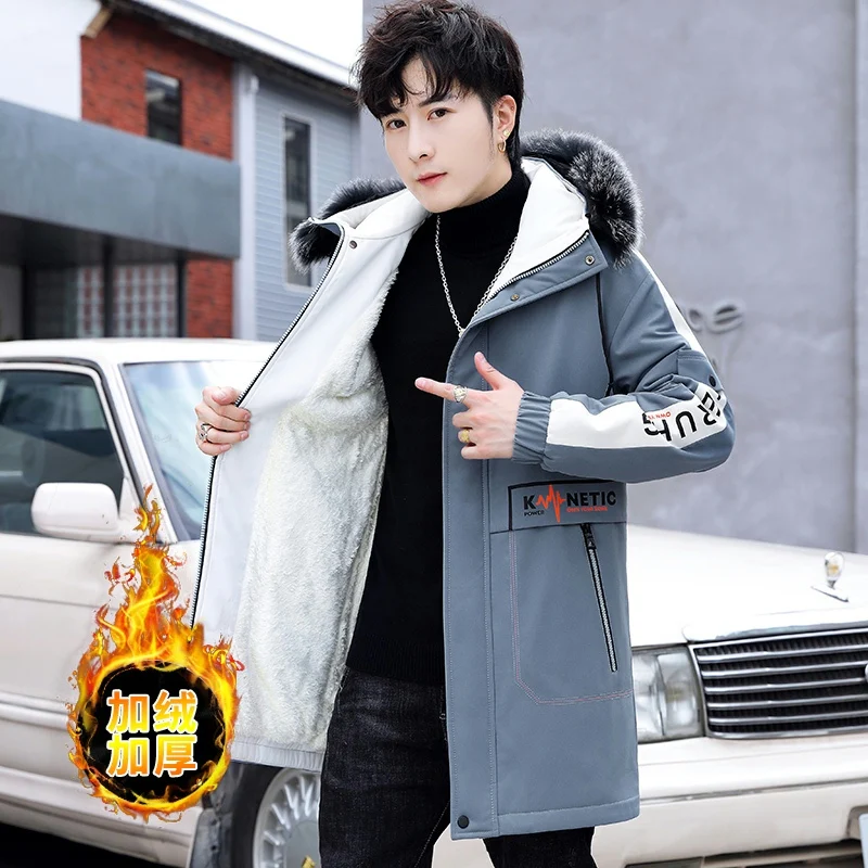 

2021 Winter New Korean Men's Slim Windbreaker Men Hooded Printed Overcoats Casual Thick Jaclet Long Trench Coats Male M-4XL