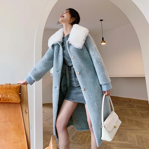 Blue Пальто из натурального меха, Женская куртка в Корейском стиле, винтажная шерстяная куртка, зимние пальто, женская одежда, мех, Длинные Топы 201926 - Цвет: Blue