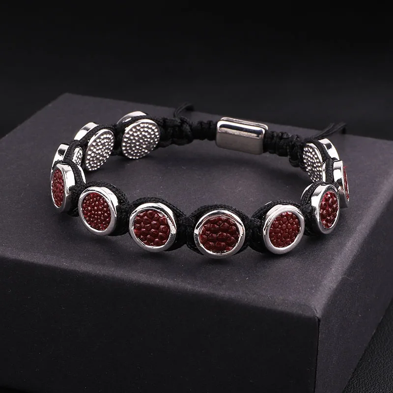 High Quality Red Fish Skin Leather Round Charm Braided Friendship Macrame Adjustable Bracelet Men
