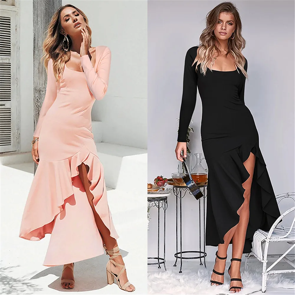 

Spring Autumn Women Front Split Mermaid Dress Solid Midi Long Sleeve Square Neck Irregular Pleat Clothes Evening Party Prom