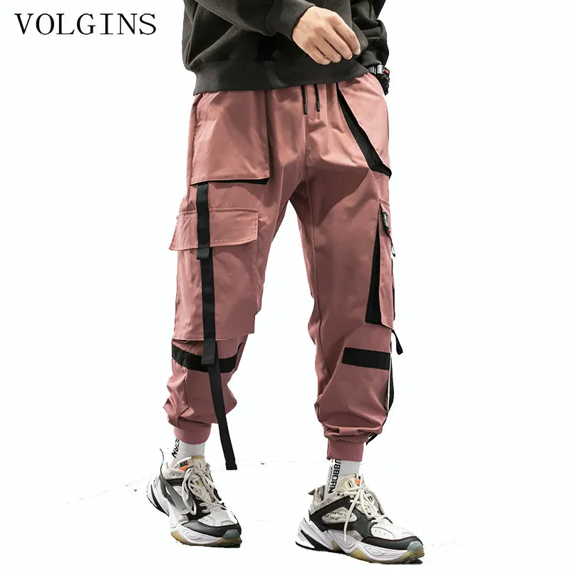 Уличная одежда в стиле хип-хоп, брюки карго, весна-осень, мужские мешковатые с карманами, с лентами, штаны для бега, мужские японские Стильные черные шаровары