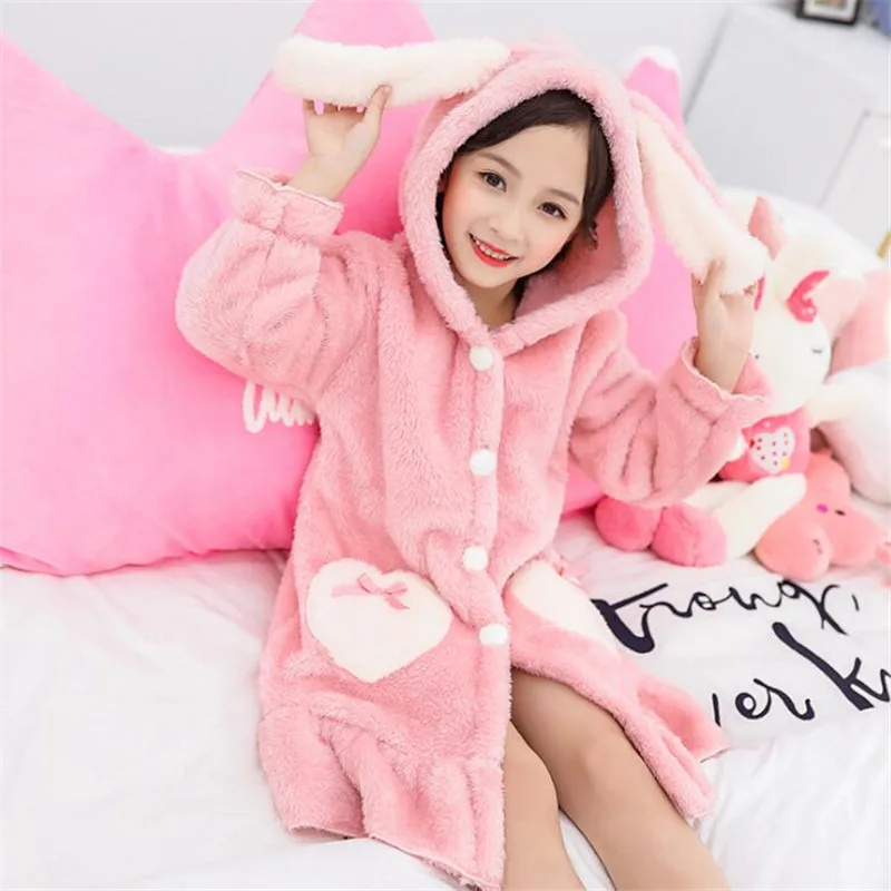 Зимние банные халаты для девочек, детские плотные теплые пижамы детские ночные рубашки с капюшоном осенние пижамы с длинными рукавами для девочек 4, 6, 8, 10, 12 лет - Цвет: Pink