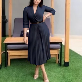 Blue Pleated Elegant Dress For Work Business Office Wear 1