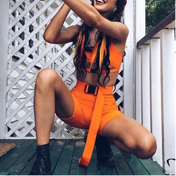 

Meihuida 2pcs Women Fashion Sexy Sleeveless Set Hip Hop Cut Out Buckle Spaghetti Strap Top Tank Hole Shorts Suits Street Wear