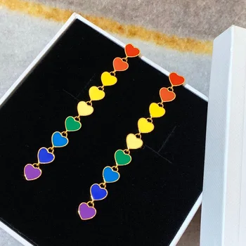 

Pure 925 Sterling Silver Jewelry Women Long Drop Heart Earrings Luxcy Party Earrings Rainbow Color Gold Color Colorful Earrings