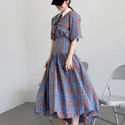 2019 летнее винтажное клетчатое платье для женщин с высокой талией тонкое с коротким рукавом длинное платье