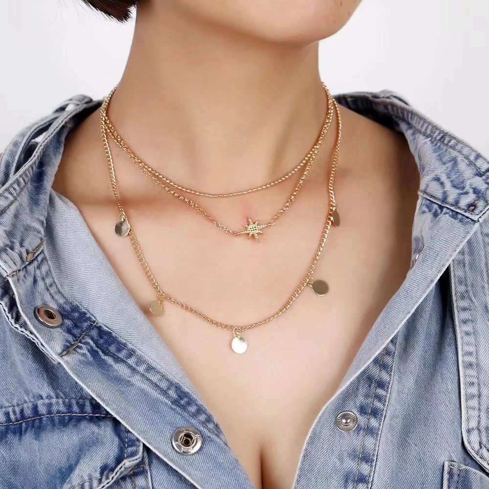 

Bohemian Fashion Multilayer Golden Metal Chain Geometric Pendant Necklace Ladies Hip Hop Hip Hop Performance Jewelry Accessories