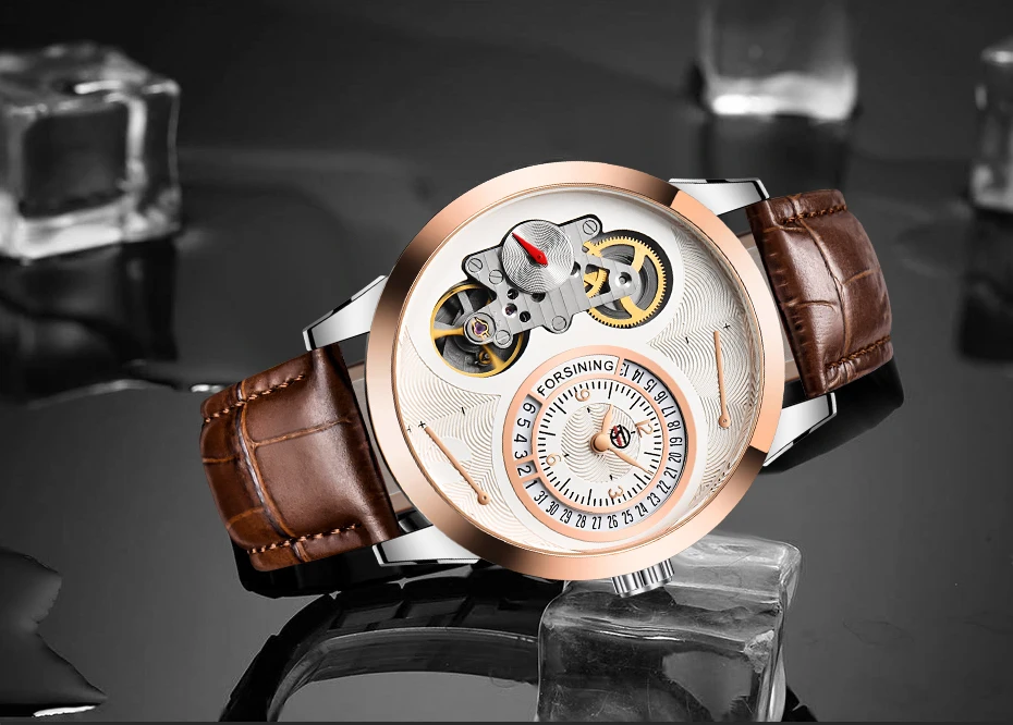 Forsining, модные часы с циферблатом, турбийон, розовое золото, чехол, коричневый, натуральная кожа, мужские часы, Топ бренд, Роскошные автоматические часы