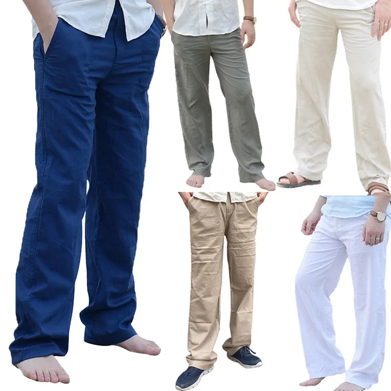 CYSINCOS мужские хлопковые льняные брюки летние брюки повседневные мужские однотонные прямые свободные брюки с эластичной резинкой на талии мужская одежда