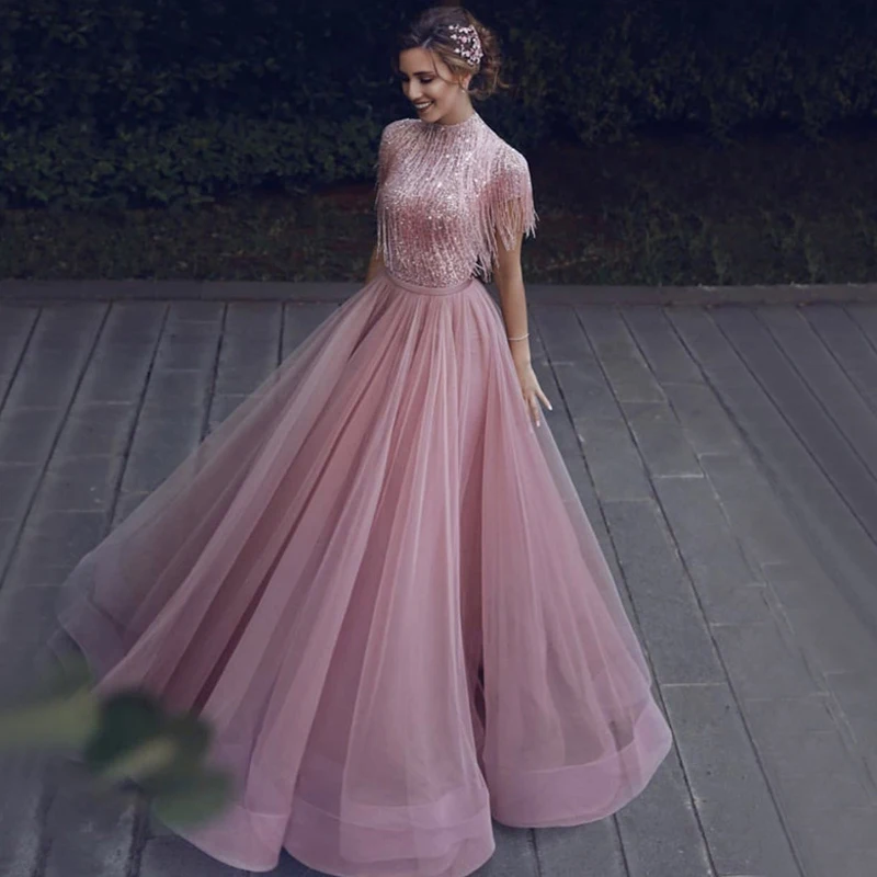 

Eightree Pink Tassel Beading A-Line Tulle Evening Dresses 2020 High Neck Short Sleeve Evening Gowns Tulle Formal Party Dresses