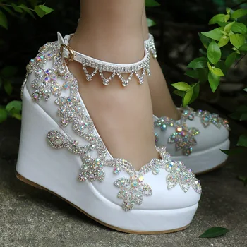 

Womens Rhinestones Crystal Bling Wedge High Heel Bridal Wedding Platform Princess Round Toe Pumps Shoes Ankle Strap White C678