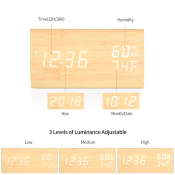 

Hot Wooden LED Digital Sound Control Alarm Clock USB/Battery Powered Dimmer Indoor Hygrometer Thermometer Clock with 3 Alarms