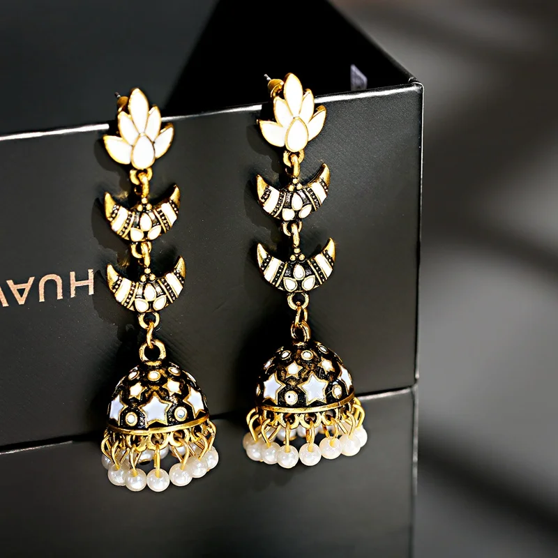 Ретро Лотос Jhumka индийские серьги для женщин Этническая Цыганская золото колокол многоцветный бисер кисточкой серьги ювелирные изделия Bijoux