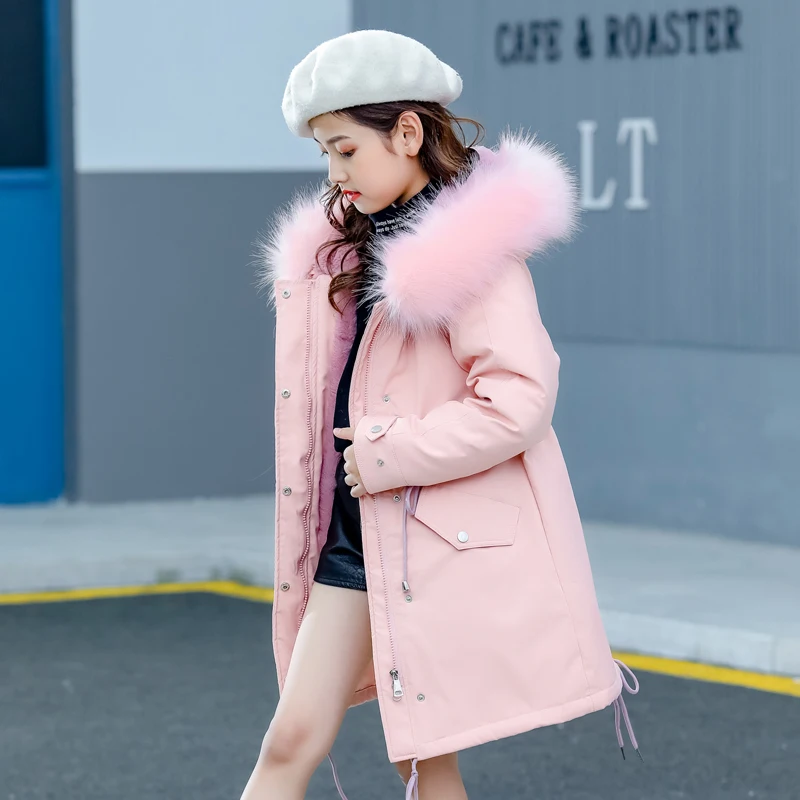 

long parka winter jacket girl clothes Rich artificial fur collar fashion solid high quality girls coats snowsuit primary school