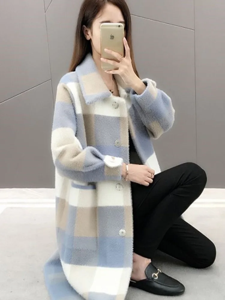Blue lapels Синяя шуба из искусственного меха норки женская одежда осень овчина Россия Зима однобортная утолщенная Вельветовая клетчатая длинная Мода - Цвет: Blue lapels