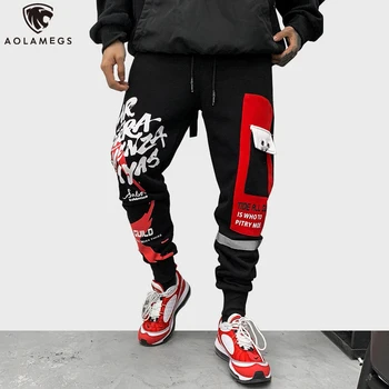 

Aolamegs Sweatpants Cool Letter Print Pants Men Elastic Waist Harajuku Patchwork Ribbon Harem Pants Baggy High Street Streetwear