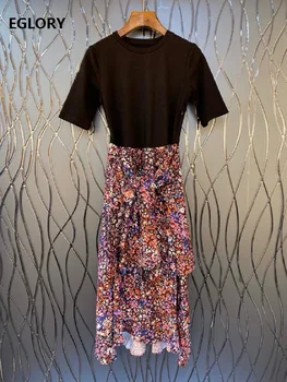 

One Piece Dress 2020 Spring Summer Casual Dress Women High Quality Knitting Little Flower Print Patchwork Mid-Calf Length Dress