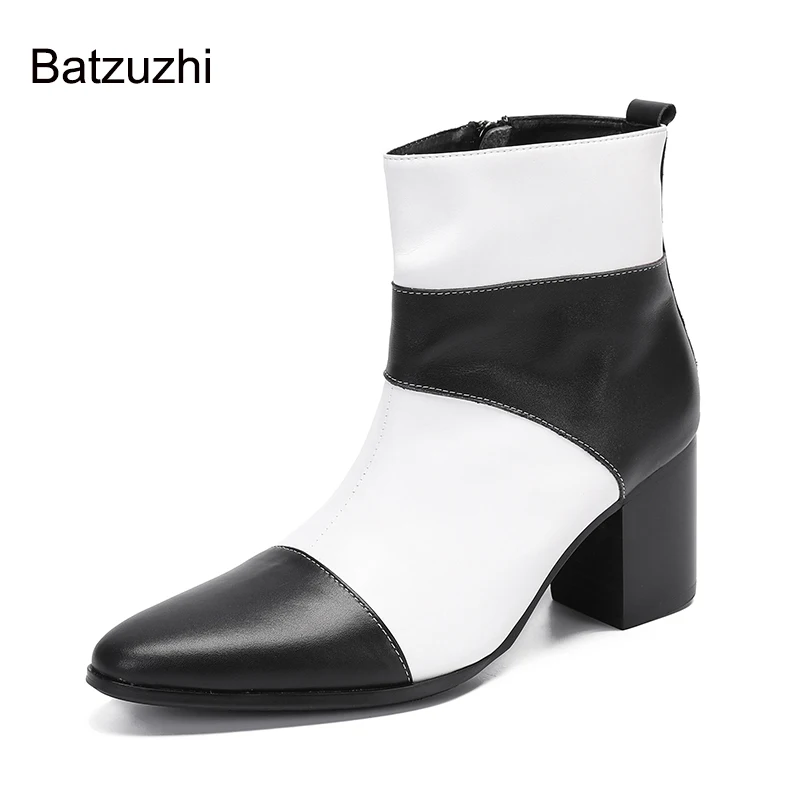Batzuzhi British Style New Men Shoes Pointed Toe Black White Genuine Leather Boots Ankle Men for Knight/Party and Wedding, 38-46