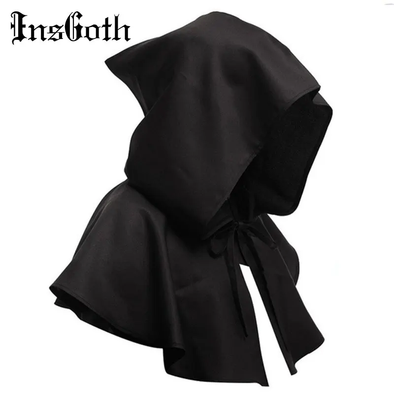 InsGoth Хэллоуин с капюшоном Capelet твердый капюшон мужской средневековый костюм в стиле «Ренессанс» капюшон мантия шляпа уличная мода, вечеринки Косплей Аксессуары