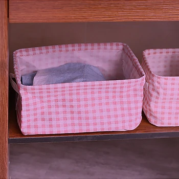 

Saim Sundries Storage Basket Cute Pink Plaid Toy Basket Cotton Linen Storage Box Desktop Cabinet Multifunction Organizer JJ50686