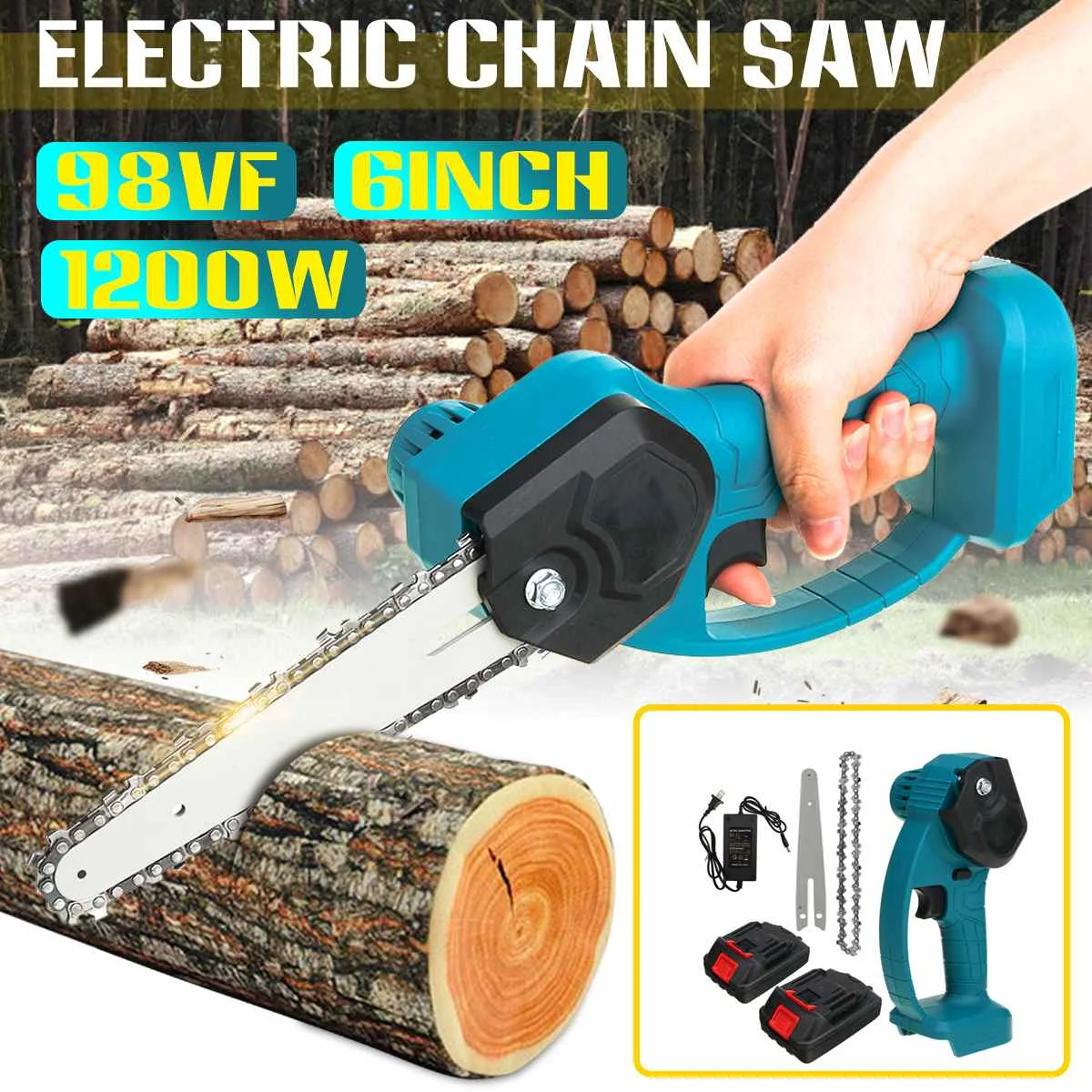 6 Inch 98Vf 1200W Electric Chain Saw With Battery Pruning ChainSaw Cordless Garden Logging Woodworking Cutter Power Tools | Инструменты