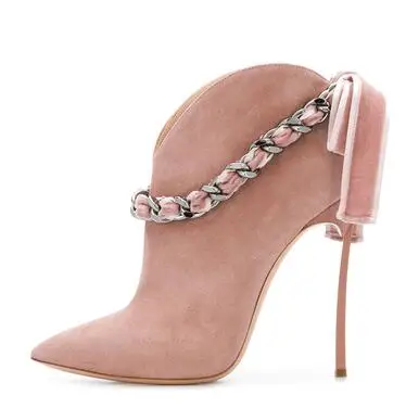 10 cm heel Черные, бежевые, розовые, бордовые, матовые, острый носок, ремень с цепочкой, металлическая шпилька, бант, большая бабочка, v-образная форма, ботильоны на высоком каблуке - Цвет: 10 cm heel