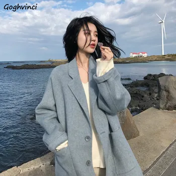 

Blends Women Cashmere Single Breasted Korean Style Loose Pockets Female Korean Style Leisure Solid High Quality Womens Outerwear