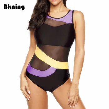 

Patchwork Swimsuit Monokini Sheer Swimsuits 2020 Woman One-piece Suits Plus Size Swimwear High Neck Vintage Swim Large S 4XL 5XL