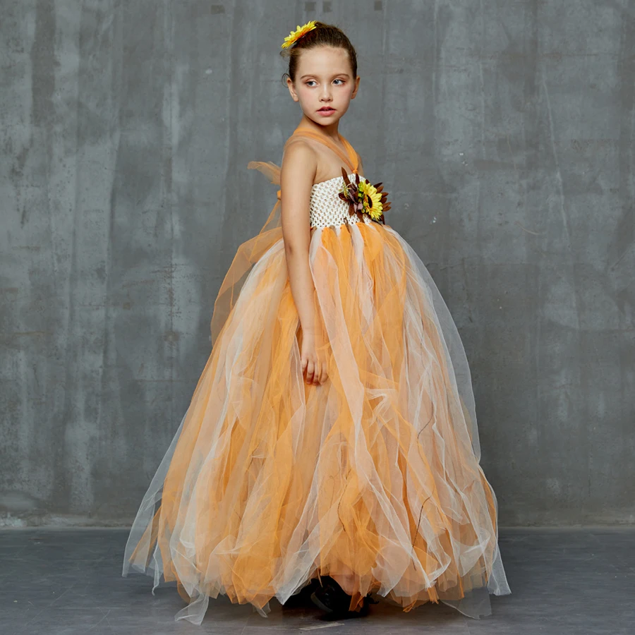 Fall Colored Girls Tutu Dress Autumn Scarecrow Wedding Flower Kids Tulle Dress Sassy Pretty Girl Halloween Birthday Party Costume (9)