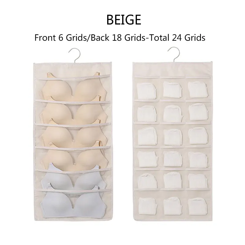 Beige 24 grid 1piece Твердый, подвесной мешок для одежды, нижнее белье, бюстгальтер, двухсторонняя тканевая сумка для хранения, Сортировочная посылка, 1 шт., дверной настенный подвесной Органайзер - Color: Beige 24 grid 1piece