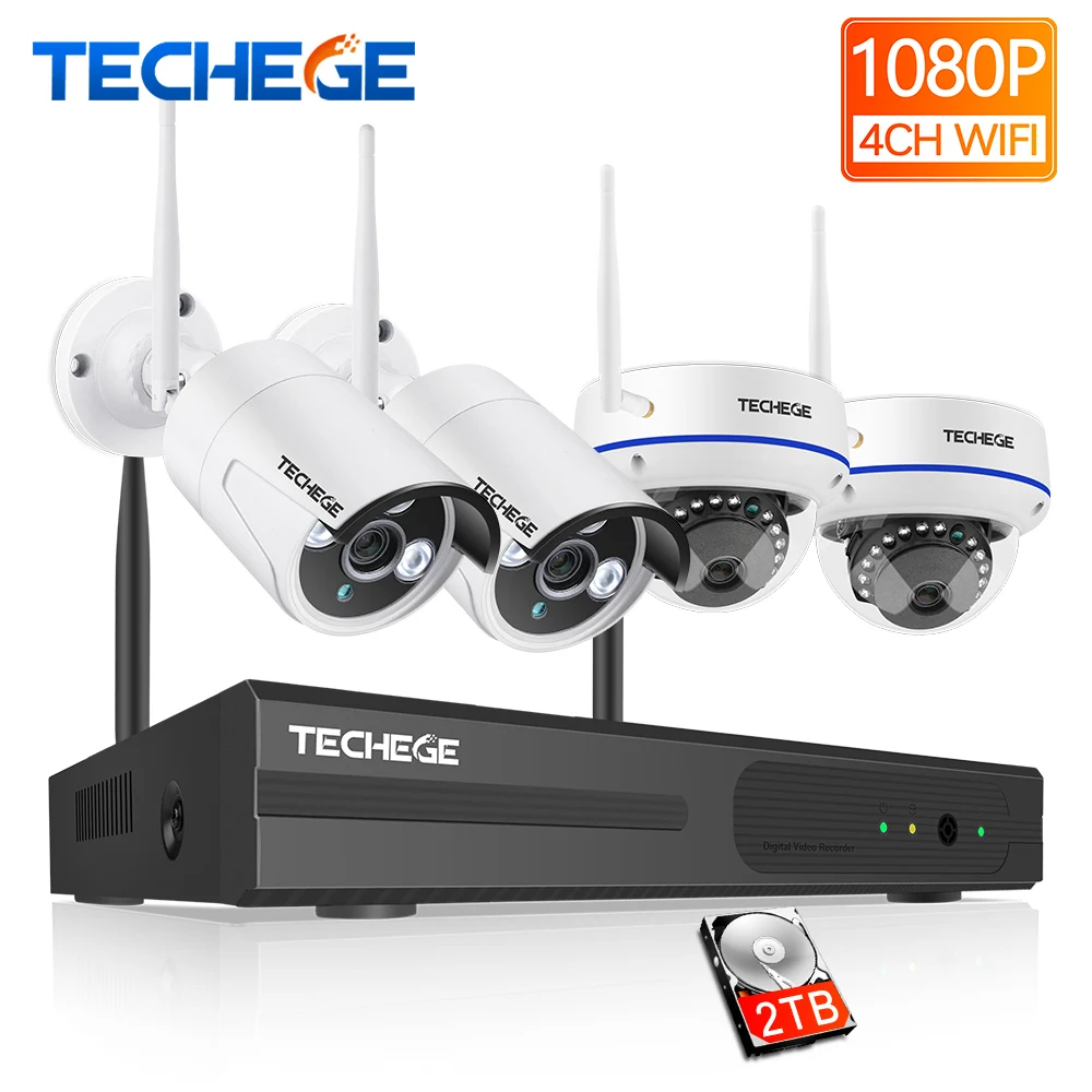 Vente Techege 1080P système de vidéosurveillance sans fil 4CH HD WiFi NVR kit 2MP dôme anti vandalisme extérieur IP Wifi caméra système de sécurité Surveillance