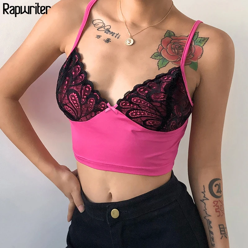 

Patchwork Lace Edge Spaghetti Strap Sexy Camis Pink Crop Top Women 2020 Summer Vintage Backless Deep V Neck Summer Y2K Vest