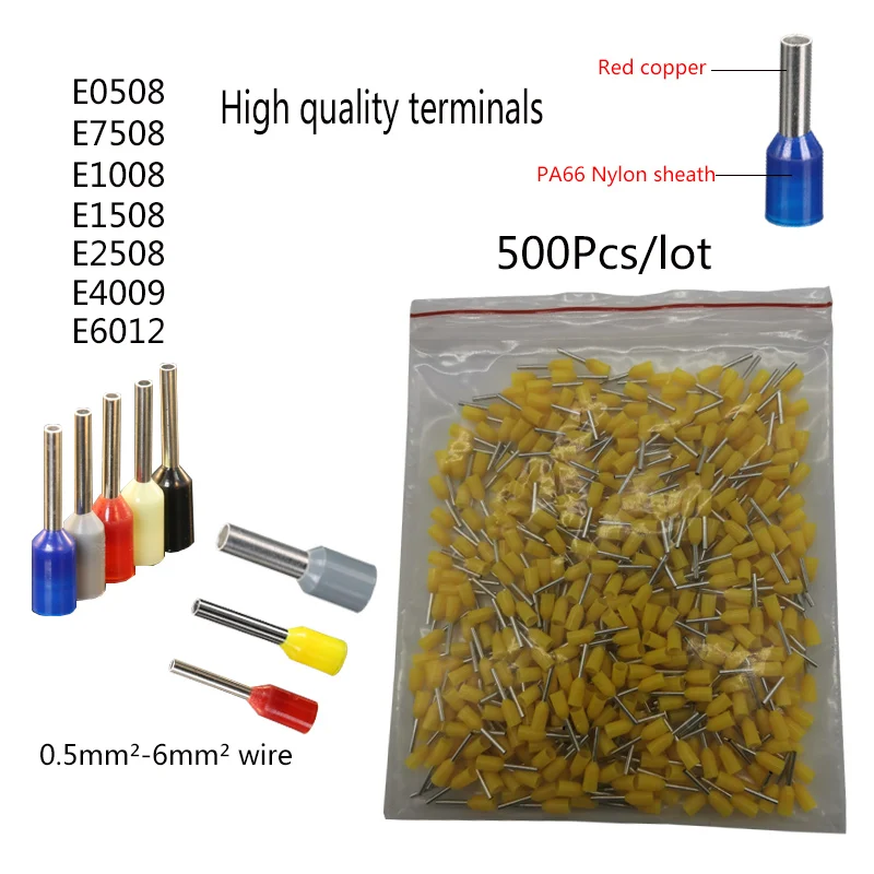 

500pcs nylon tubular terminal Cold-pressed needle-shaped European Tubular nose ve 0.5mm² 1.5mm² 2.5mm² 6mm²
