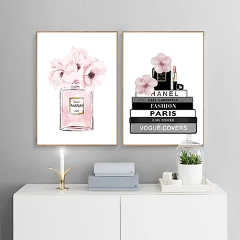 

Flower Perfume Bottle Fashion Book Canvas Painting Makeup Poster and Print Wall Art Picture Modern Girl Woman Room Decoration