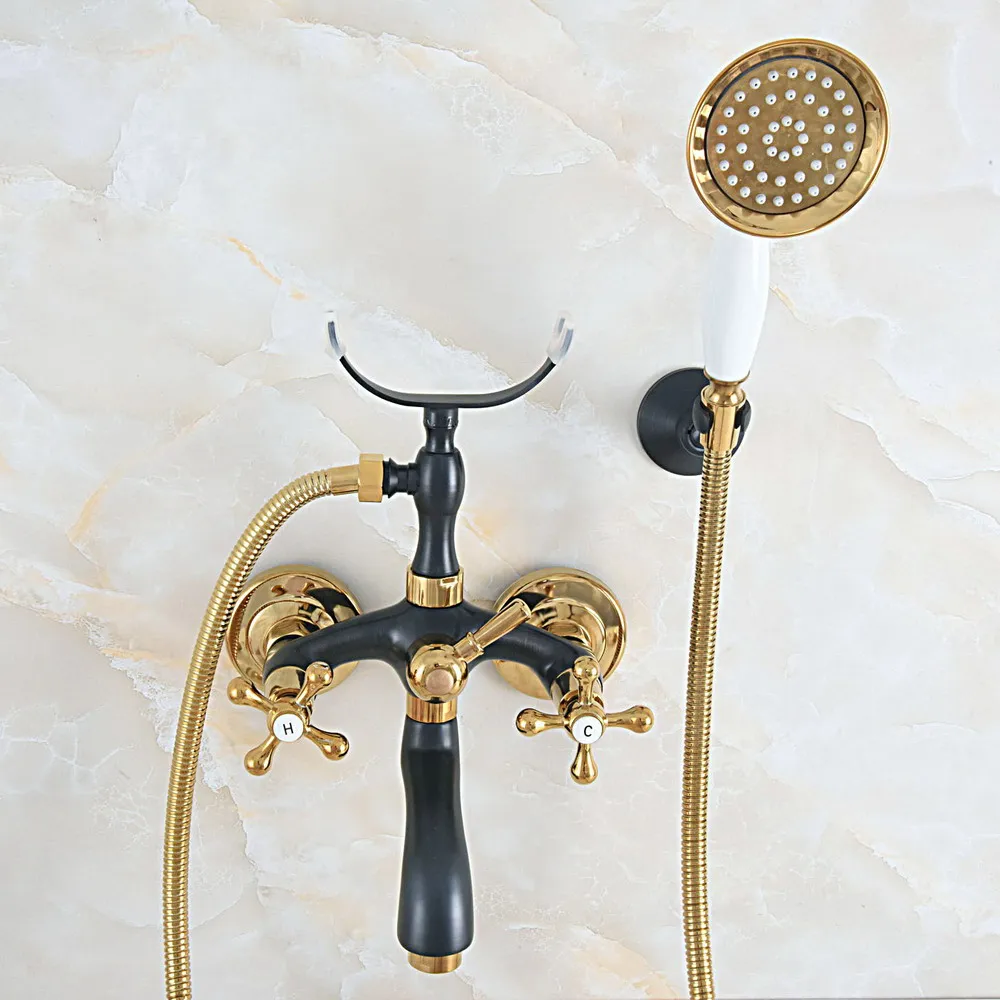 Brass Wall Mount Black& Gold Color Brass Clawfoot Bathroom Bathtub Faucet Handheld Shower Mixer Tap Lna587 - Цвет: Brass
