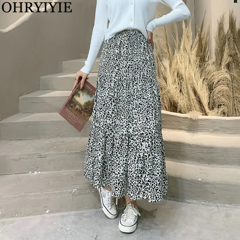 

OHRYIYIE Autumn Winter Women Leopard Print A-Line Skirt Fashion Korean Fall High Waist Vintage Elegant Long Pleated Skirts Lady