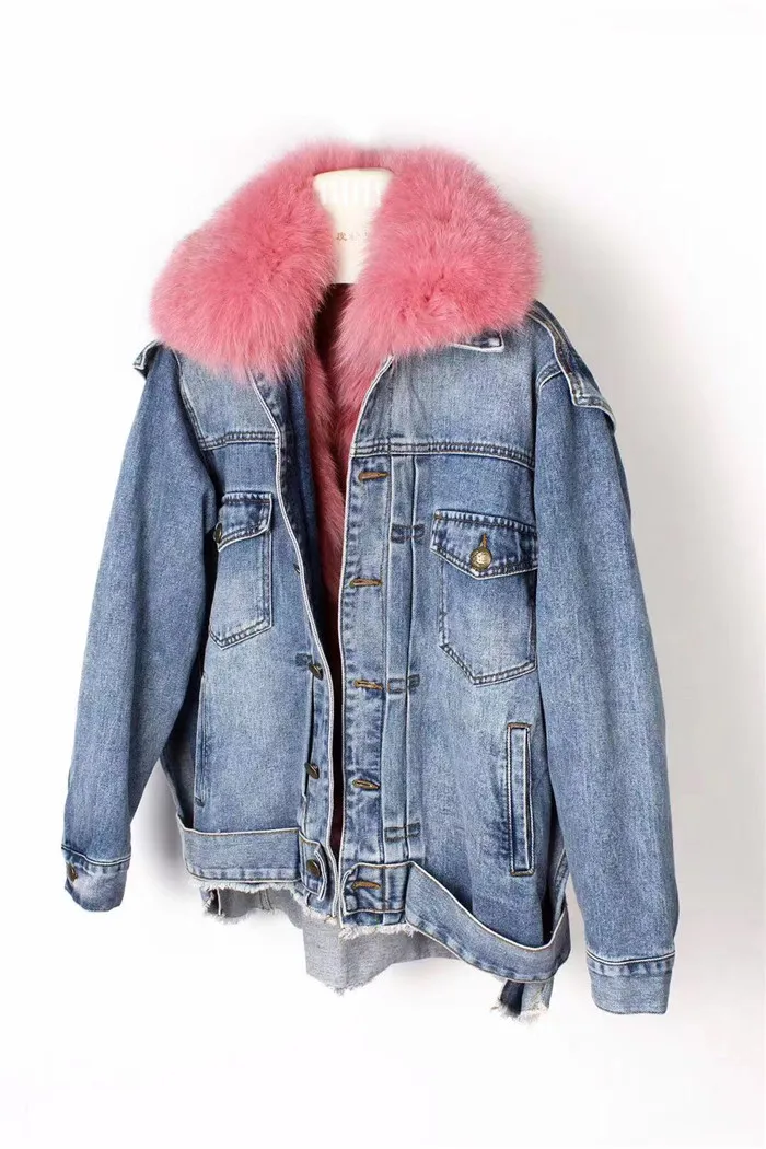 real fur coat Winter Jacket Women Coat Real fox Fur lined denim jacket Parka back letter print
