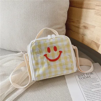 

New Children's Messenger Bag Cotton PVC Plaid Smiley Shoulder Bag Lovely Small Square Bag Casual Girls Coin Purses Mini Handbags