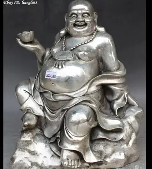 

zhmui88002840959++11" Chinese Silver Seat Happy Laugh Maitreya Buddha Hold Yuanbao Lock Statue