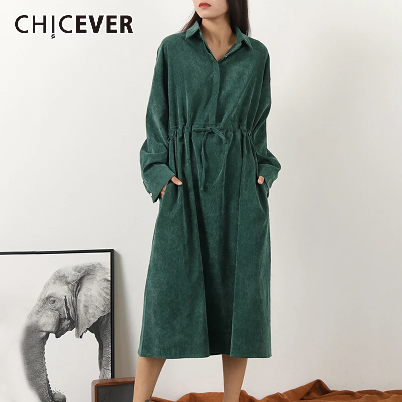 CHICEVER Фланелевое платье на завязках для женщин, воротник с лацканами, длинный рукав, высокая талия, большие размеры, женские платья средней длины, мода, Новинка