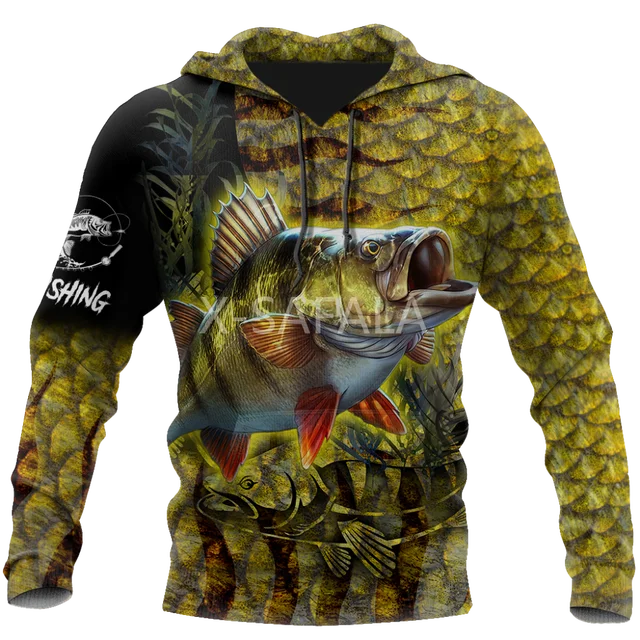 Толстовка в стиле Харадзюку для мужчин и женщин, Повседневный пуловер на молнии, свитшот с 3D-принтом, желтый окунь, рыбалка на коже, большие размеры