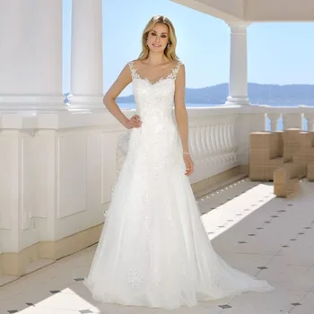 

Boho Beach Wedding Dress Sheer O-Neck Appliques Lace Vintage Princess Wedding Gown Cap Sleeve Simple Bride Dress 2019