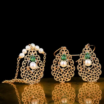 

Natural Freshwater Pearl Long Pendant Necklace Fine Handmade Earring For Women Girl Copper Hollow Out Birthday Party Jewelry Set
