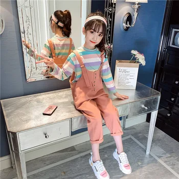 

2020 spring and autumn new Korean version of cotton suit girl color striped bottoming shirt children loose two-piece suit