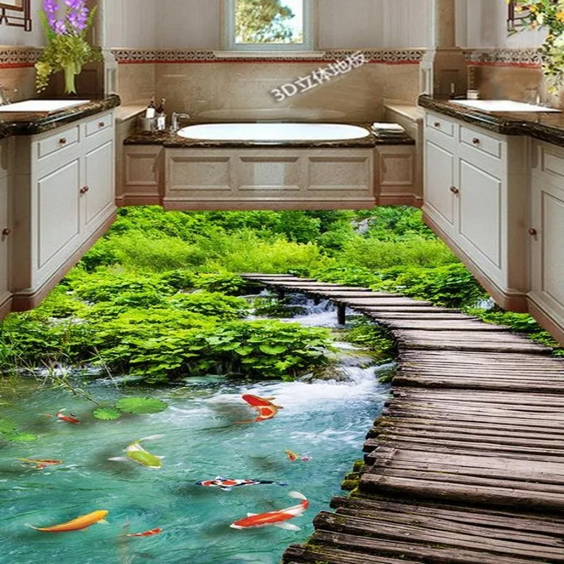 papel-de-parede-custom-ground-waterproof-stickers-3D-floor-tiles-stickers-Nine-fish-and-wooden-bridge